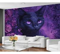 GIVLWF Papier peint chat noir pour salon, papier peint mural chat mystérieux et décoration d'intérieur, papier peint violet pour chambre à coucher, grand papier peint non autocollant