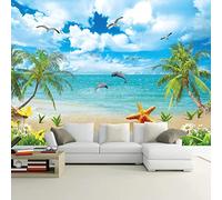 GIVLWF Papier Peint de Plage Bleu Ciel Nuages Blancs, Mouette Dauphin Cocotier Papier-Peint Murs - pour Restaurant-Bar à Thème Décoration Murale 350 x 265 cm