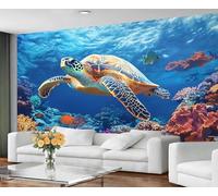 GIVLWF Papier peint - Décoration d'intérieur tortue et grande peinture murale, papier peint du monde sous-marin pour salon, chambre à coucher, papier peint mural - Non autocollant, bleu aquarelle
