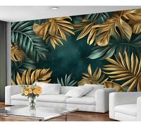 GIVLWF Papier peint et décoration murale, motif feuilles tropicales, palmier doré, bleu sarcelle, monstera pour salon, grande peinture murale exotique élégante - Non autocollant