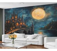 GIVLWF Papier peint et peinture murale mystérieux - Papier peint château fantastique à décoller et à coller, papier peint pour chambre à coucher, bleu nuit étoilée, grande décoration murale et