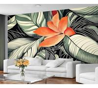 GIVLWF Papier peint feuilles tropicales et décoration d'intérieur, papier peint à fleurs oranges pour salon, chambre à coucher, papier peint noir et vert, non autocollant, peintures murales botaniques