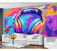 GIVLWF Papier peint - Graffiti Music Décoration d'intérieur et grande peinture murale, papier peint casque hip-hop pour salon, chambre à coucher, papier peint mural - Non autocollant, graffiti coloré