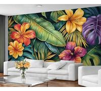 GIVLWF Papier peint hibiscus tropical - Papier peint mural à fleurs colorées - Feuilles de Monstera Papier peint pour chambre à coucher - Papier peint non autocollant exotique botanique pour