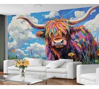 GIVLWF Papier peint Highland Cattle - Papier peint aquarelle vache pour chambre à coucher, papier peint d'animaux mignons pour salon, non autocollant, décoration murale florale grand format et