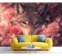 GIVLWF Papier peint loup, papier peint pour chambre à coucher, papier peint rose rose pour salon, non autocollant, décoration murale de loup mystérieux, grande décoration d'intérieur, 100 x 100 cm
