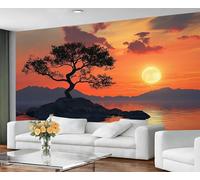 GIVLWF Papier peint - Paysage de coucher de soleil - Décoration d'intérieur et peinture murale, papier peint pour chambre à coucher, île d'arbres, papier peint paysage de lac pour salon, grande