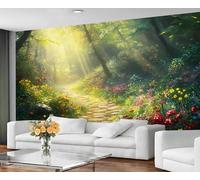 GIVLWF Papier peint pour chambre à coucher, chemin de conte de fées - Papier peint forêt champignon et décoration d'intérieur - Peintures murales de fleurs éclairées par le soleil pour salon - Papier