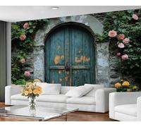 GIVLWF Papier peint vintage pour porte et décoration murale, papier peint rustique en bois bleu sarcelle, papier peint pour chambre à coucher, papier peint de roses en fleurs pour salon, campagne