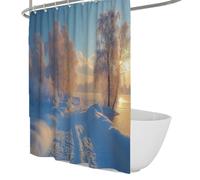 Givre et Neige, Rideau de Douche, Arbres Couverts de rires et scène de lac au Coucher du Soleil, décoration de Salle de Bain, Tissu Lavable Rideaux de Bain imperméables 180 x 180 cm