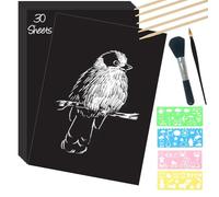 Giwnhvx Lot de 30 feuilles de 8 x 11 pouces avec revêtement noir pour râper et papier à gratter grand avec stylet en bois et pochoir
