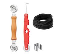 Giwnhvx Lot de 4 outils de réparation de moustiquaire, rouleau d'étanchéité à double roue avec poignée en bois, passepoil en caoutchouc, crochet de retrait de ruban adhésif