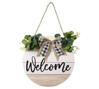 Giwnhvx Panneau de bienvenue pour porte d'entrée, feuille verte brillante, guirlande, décoration murale rustique ronde en bois pour porte