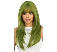 Giwnhvx Perruque Longue Droite Synthétique Verte avec Frange, Coupe Droite Superposée, Longueur Moyenne, Anti-Cœur pour Femme, Perruque de Fête et Cosplay, (24 Pouces)