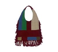 Giwnhvx Sac fourre-tout en tricot au crochet pour femme - Style vintage - Patchwork - Pompon - Design tendance - Sac à main pour femme B