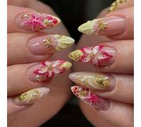 Giyehehi Lot de 30 faux ongles jaune pastel mi-longs en forme d’amande pour l’été, avec design 3D rose, motifs floraux tropicaux et pointes french jaune beurre