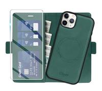 Giyer Étui de protection pour iPhone 11 Pro Max, 2 en 1, amovible, en cuir synthétique, avec fonction support, compartiment pour cartes, magnétique, vert