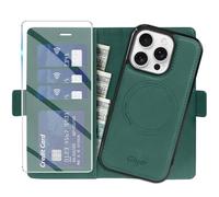 Giyer Étui de protection pour iPhone 12/12 Pro, avec film de protection, 2 en 1, amovible, en cuir synthétique, fonction support, compartiment pour cartes, magnétique, vert
