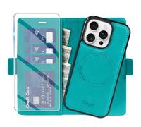 Giyer Étui de protection pour iPhone 14 Pro, avec film de protection, 2 en 1, amovible, en cuir synthétique, fonction support, compartiment pour cartes, magnétique, cyan