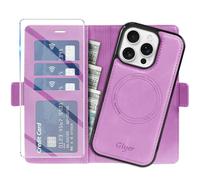 Giyer Étui de protection pour iPhone 15 Pro Max, avec film de protection, 2 en 1, amovible, en cuir synthétique, fonction support, compartiment pour cartes, magnétique, violet