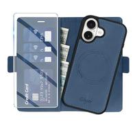 Giyer Étui de protection pour iPhone 16, avec film de protection, 2 en 1, amovible, en cuir synthétique, fonction support, compartiment pour cartes, magnétique, bleu