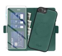 Giyer Étui de protection pour iPhone 16e, avec film de protection, 2 en 1, amovible, en cuir synthétique, fonction support, compartiment pour cartes, magnétique, vert