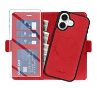 Giyer Étui de protection pour iPhone 17, avec film de protection, 2 en 1, amovible, en cuir synthétique, fonction support, compartiment pour cartes, magnétique, rouge