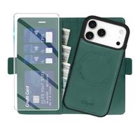 Giyer Étui de protection pour iPhone 17 Pro, avec film de protection, 2 en 1, amovible, en cuir synthétique, fonction support, compartiment pour cartes, magnétique, vert