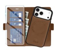 Giyer Étui de protection pour iPhone 17 Pro Max, avec film de protection, 2 en 1, amovible, en cuir synthétique, fonction support, compartiment pour cartes, magnétique, marron