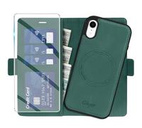 Giyer Étui de protection pour iPhone XR - Avec film de protection - 2 en 1 - En cuir synthétique - Amovible - Fonction support - Compartiment pour cartes - Magnétique - Vert
