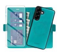 Giyer Étui de protection pour Samsung Galaxy A37 5G, avec film de protection, amovible, 2 en 1, en cuir synthétique, portefeuille, fonction support, compartiment pour cartes, magnétique, à rabat (cyan
