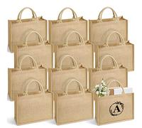 Giyiprpi Lot de 12 sacs fourre-tout réutilisables en toile de jute avec poignées, grand sac de plage avec 26 lettres thermocollantes, intérieur laminé, beige, 15.4x12.2x5.9 Inches