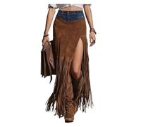 GIYXHU Jupe Vintage Chic à Franges for Femmes, Patchwork, Ceinture en Jean pour Femmes(3XL)