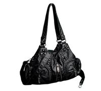 GIYXHU Sac à Bandoulière à Rivets Sac à bandoulière vintage en cuir PU for femme, sac fourre-tout de grande capacité avec rivets, main moto(Black)