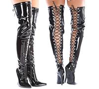Gizelle Back Lace UP Over The Knee Boots, Botte au-Dessus du Genou Femme, Black Patent, 46 EU