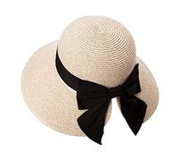 GizellMG Chapeau de Paille Pliable Panama de Plage Femme Capeline Solaire Chapeau Paille Solaire Anti UV Casquette élégant Noeud Satin 54-57cm Beige