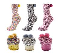 GizellMG Chaussettes Femme Petits Gâteaux de Cupcake Chaussettes de Lit Chaussettes Protège-pieds Chaussons Chaussettes Polaire Antidérapante Fille Ados Noël Cadeau DIY Socquettes 3 Paires