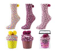 GizellMG Chaussettes Femme Petits Gâteaux de Cupcake Chaussettes de Lit Chaussettes Protège-pieds Chaussons Chaussettes Polaire Antidérapante Fille Ados Noël Cadeau DIY Socquettes 3 Paires