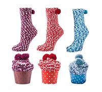 GizellMG Chaussettes Femme Petits Gâteaux de Cupcake Chaussettes de Lit Chaussettes Protège-pieds Chaussons Chaussettes Polaire Antidérapante Fille Ados Noël Cadeau DIY Socquettes 3 Paires