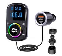 GizmoVine Transmetteur FM, Bluetooth Voiture, Support Mains Libres/Chargeur Rapide QC3.0 et PD/Lumière Ambiante/Base Et Clip Auto-Adhésifs avec Câble 1.1-Lecteur de Musique À Carte BT/TF