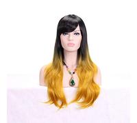 GJBXP 28 pouces Mode Noir Blonde Perruque Ombre Avec Une Frange Synthétique Cheveux Anime Cosplay Long Perruques Ondulées Pour Les Femmes Résistant À La Chaleur jaune