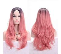 GJBXP Anime Partie centrale Racine foncée Noir Rose Bleu Violet Perruque Ombre Cheveux Synthétiques Cheveux Longs Ondulés Femme Perruques Cosplay Haute Température Fibre rose
