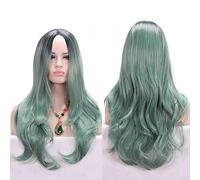 GJBXP Anime Partie centrale Racine foncée Noir Rose Bleu Violet Perruque Ombre Cheveux Synthétiques Cheveux Longs Ondulés Femme Perruques Cosplay Haute Température Fibre Army Vert