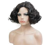 GJBXP Court Bob Vintage Bouclés Perruques pour Femmes Haute Température Fibre Synthétique Pleine Tête Carnaval Parti Mascarade Cosplay Cheveux 10 pouces Noir