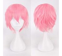 GJBXP Pas cher Synthétique Cheveux Courts Ondulés Hommes Perruque Cosplay Noir Blanc Blond Marron Violet Rose Bleu Rouge Orange Gris Argent Anime perruques rose