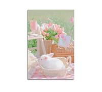 GJDYMX Poster décoratif sur toile de fleurs, tulipes roses, lapin, pique-nique - Poster mural moderne pour chambre à coucher - 20 x 30 cm