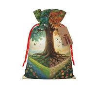 Gjgdbxdw Petits sacs cadeaux de Noël avec imprimé arbre de vie quatre saisons, sac cadeau avec cordon de serrage pour ranger des bonbons et des collations pour les festivals