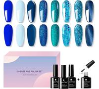 Gjhgf-8pcs Vernis Semi Permanent Bleu 8 Couleur + 1 Base Semi Permanent Ongles Gel Uv Pailleté Vsp Polish Ver Is French Coffret Classique Professionnel Paillettes Automne Pack Sans Lampe Roi Cat Eyes