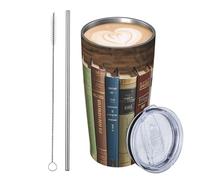 GJHKSSVB Books On The Bookshelf Gobelet isotherme en acier inoxydable de 591 ml avec couvercle et paille - Tasse à café de voyage étanche - Cadeau idéal pour homme et femme