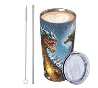 GJHKSSVB Fire And Ice Dragons Gobelet isotherme en acier inoxydable de 591 ml avec couvercle et paille - Tasse à café de voyage étanche avec couvercle et paille - Cadeau idéal pour homme et femme